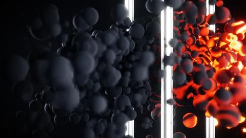 Artistic composition with black and red spheres, illuminated vertical lights 스톡 일러스트