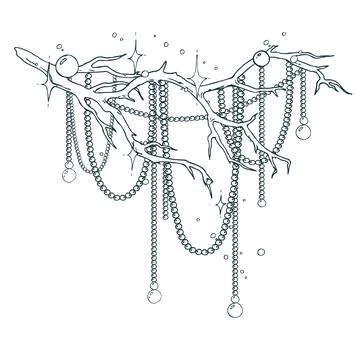 An artistic composition of a leafless branch with elegant beaded strands and Stock Illustration