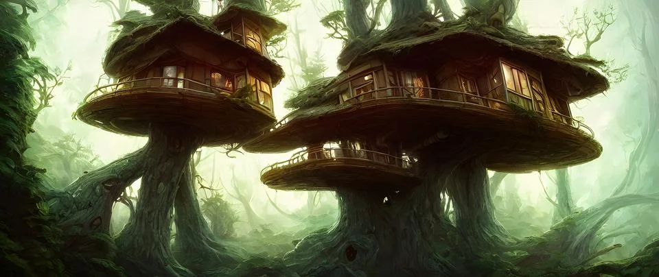 Artistic concept painting of a beautiful tree house Stock Illustration