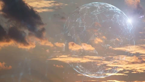 Artistic cyberspace sphere on sunset sky with clouds Видео 112152610