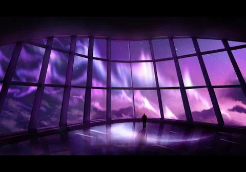 Artistic Digital Paint Of A Man In A big Building Looking At A Galactic Auror Stock Illustration