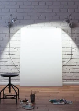 Artistic equipment in a artist studio: empty artist canvas on floor and paint br Stock Illustration