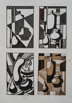 Artistic exploration of shapes and forms in a monochrome paint arrangement Stock Illustration