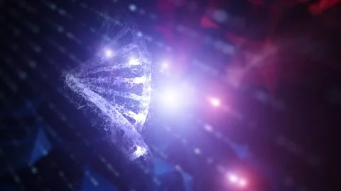 Artistic flickering red blue digital lights with dna chain loop rotation Stock Footage 341158921