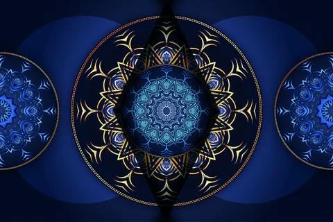 Artistic Gold Mandala Pattern With Layered Geometric Blue Background Stock Illustration