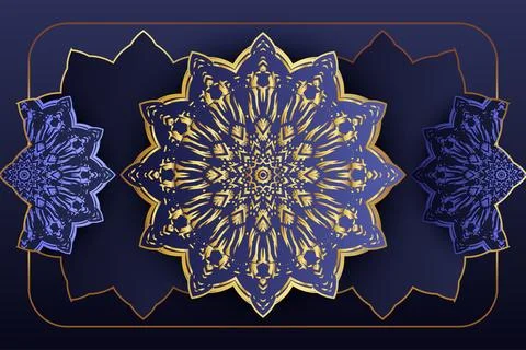 Artistic Gold Mandala Pattern With Layered Geometric Blue Background Ilustração Stock