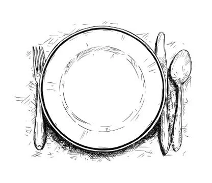 Artistic Illustration or Drawing of Empty Plate, Knife and Fork Illustrazione stock