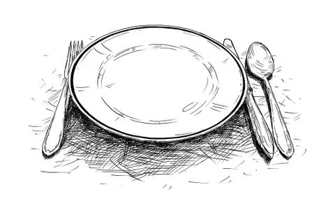 Artistic Illustration or Drawing of Empty Plate, Knife and Fork Illustrazione stock