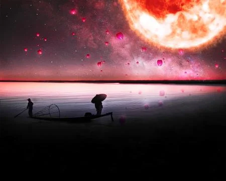 Artistic illustration of two men floating a boat under a giant bright sun Stock Illustration