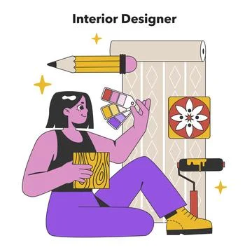 Artistic Interior Designer Selecting Patterns. Flat vector illustration. Illustrazione stock