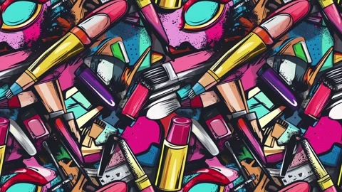 Artistic layout of makeup over graphic background – Diagonal motion Stock Footage 308164856