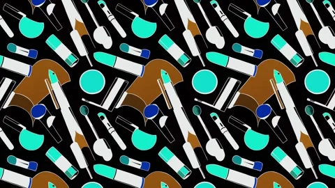 Artistic layout of makeup over graphic background – Vertical motion Stock Footage 308167959