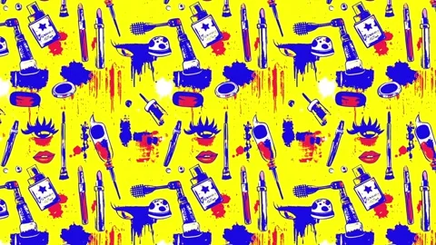 Artistic layout of makeup over graphic background – Horizontal motion Stock-Footage 308171938