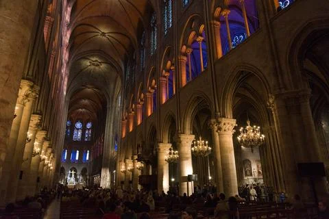 Artistic light installation inside the Notre Dame Cathedral in Paris before t Stock Photos