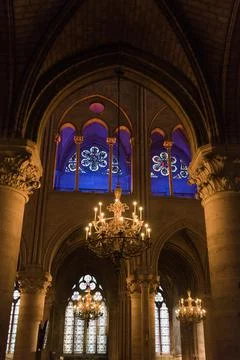 Artistic light installation inside the Notre Dame Cathedral in Paris before t Stock Photos