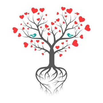 Artistic Love Tree with Small Red Hearts and Blue Birds Nestled Between Cur.. Stock Illustration