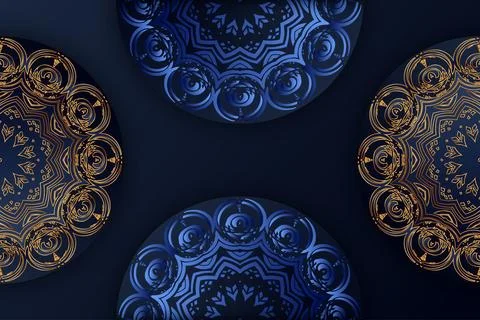 Artistic Mandala Composition With Circular Gold Ornament And Blue Shapes 库存插图