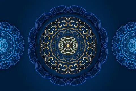 Artistic Mandala Composition With Circular Gold Ornament And Blue Shapes Stockillustratie
