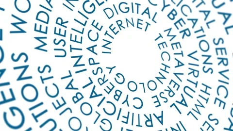 Artistic metaverse technology circle looped word cloud background Stockbeeldmateriaal 337963761