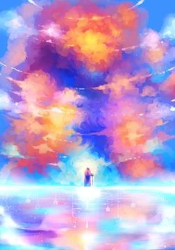 Artistic multicolored dimensional galactic nebula hitting a stand alone woman Stock Illustration