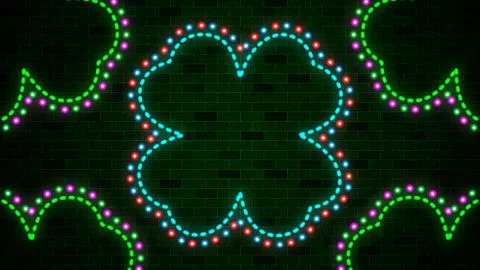Artistic Neon Light Four Leaf Clover Dotted And Dashed Lines Against Glowing  イラスト素材