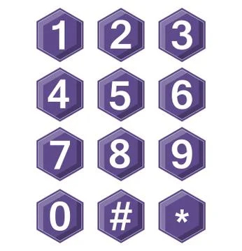 Artistic number set on ultraviolet hexagonal buttons. Hash tag and star symbole Stock Illustration