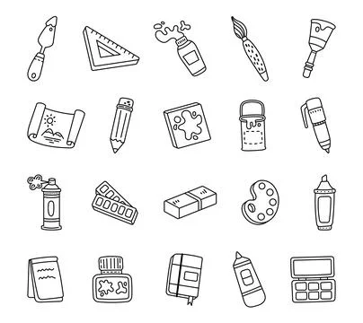 Artistic object set in outline line art Stock Illustration