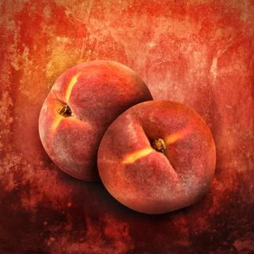 Artistic peach fruit on orange texture Stockfoto's