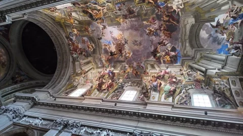 Artistic Perspective Of The Grand Illusionistic Ceiling In Sant'Ignazio, Rome Stock Footage 336280239