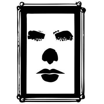 Artistic picture frame with abstract face black silhouette isolated on white. Stock Illustration