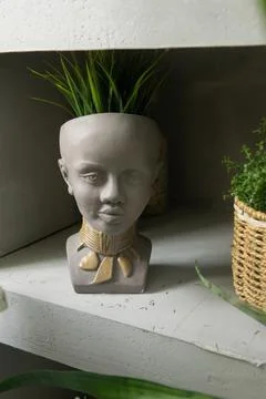 Artistic planter with a decorative bust shape containing green foliage, Stock Photos