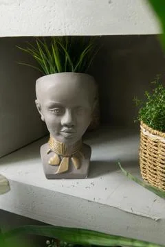 Artistic planter with a decorative bust shape containing green foliage, Stock Photos