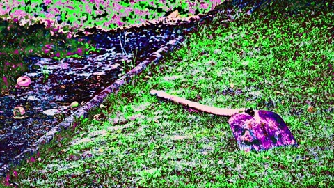 Artistic, psychedelic visual, shovel lying in a garden on the ground in autumn Stock Footage 253158588