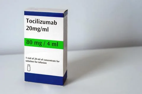 Artistic rendering of a box of Tocilizumab concentrate. Stock Photos