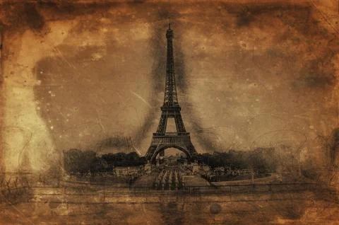 Artistic Rendering of Eiffel Tower on Aged Paper Stock Illustration