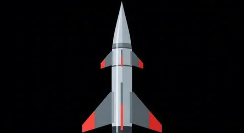Artistic rendering of a grey and red rocket with sharp fins and pointed tip.. Stock Illustration