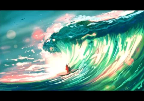 Artistic rendering illustration of a small rabbit surfing Stock Illustration