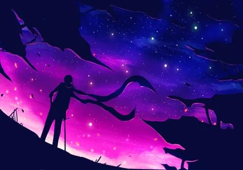 Artistic rendering illustration of a warrior looking at stars in a multicolor Stock Illustration
