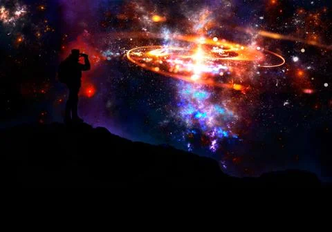 Artistic rendering illustration of a warrior looking at stars in a multicolor Stock Illustration