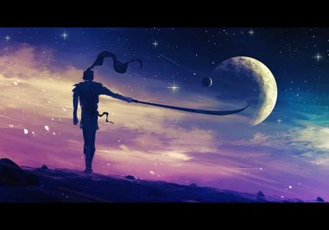 Artistic rendering illustration of a warrior standing in wind Stock Illustration
