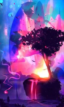 Artistic rendering illustration of a wizard draining power from a tree Stock Illustration