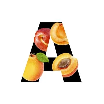 Artistic representation featuring the letter A in a design surrounded by peaches Stock Illustration