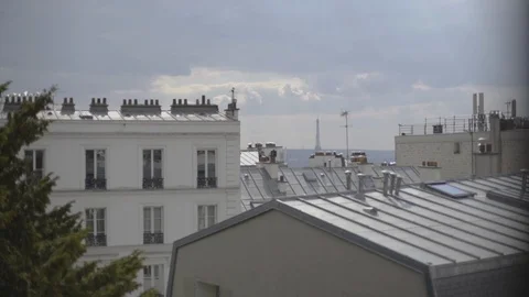 An artistic shot of a view over typical rooftops in Paris with the Eiffel Stock Footage 98990634