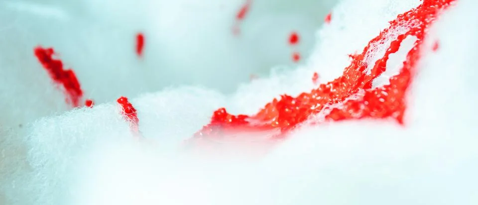 Artistic texture of red paint falling in foam, puddle and blood falling in foam Stock Photos