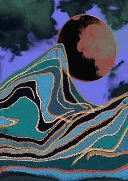 Artistic vertical artwork with mountain landscape and full moon in the night Stock Illustration
