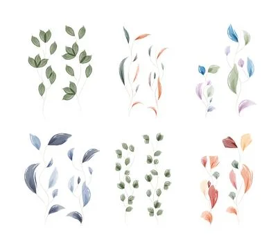 Artistic watercolor leaf elements set with diverse botanical designs Stock Illustration