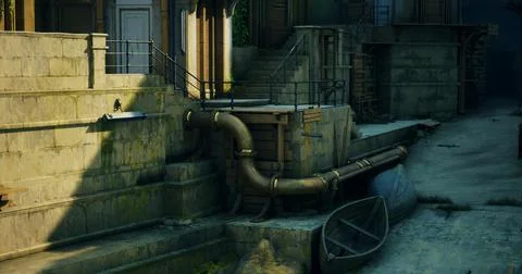 Artistically designed urban decay with waterway and abandoned structures Stock Illustration