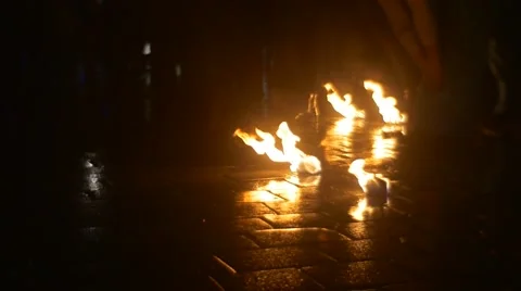 Artists Are Taking a Bow Burning Torches Lying Paved Square Dance Troupe is Stock Footage 58615965