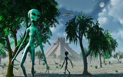 Artist's concept of aliens helping the Mayans build complex buildings. Ilustración de archivo