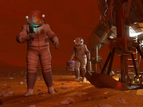 Artist's concept of astronauts exploring the surface of Saturn's moon Titan. Ilustração Stock